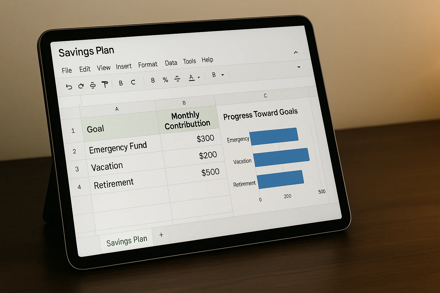 Savings goal tracker view in a budgeting sheet