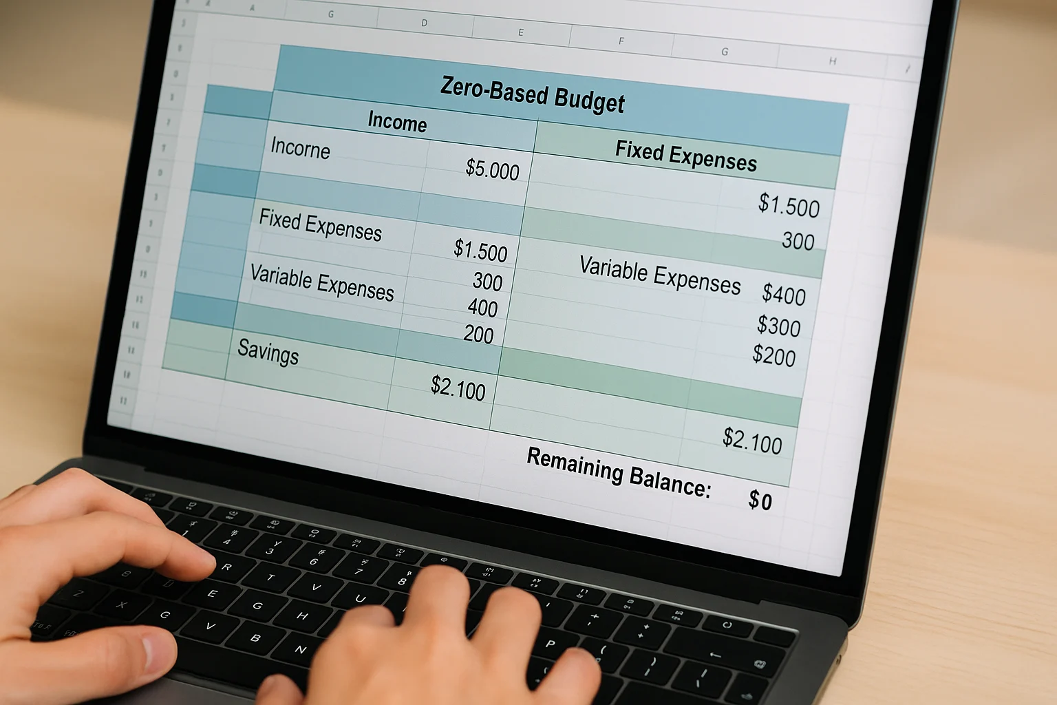Excel budgeting example showing categories and totals