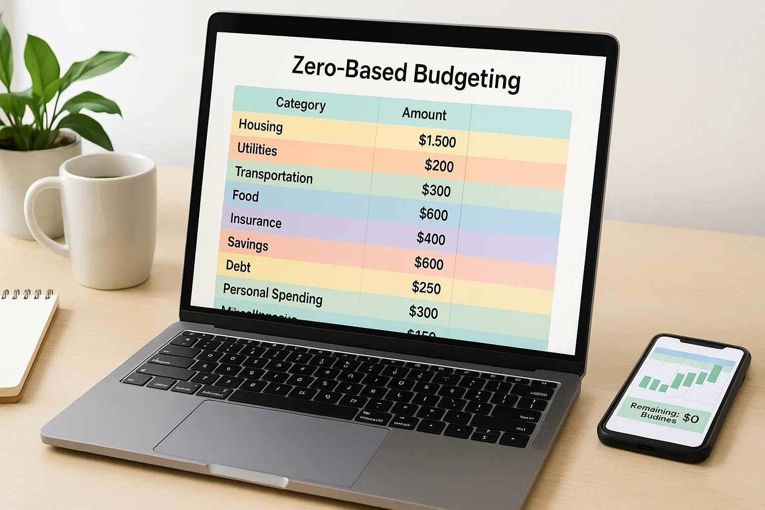 A zero budget spreadsheet is open on a laptop screen for monthly planning.