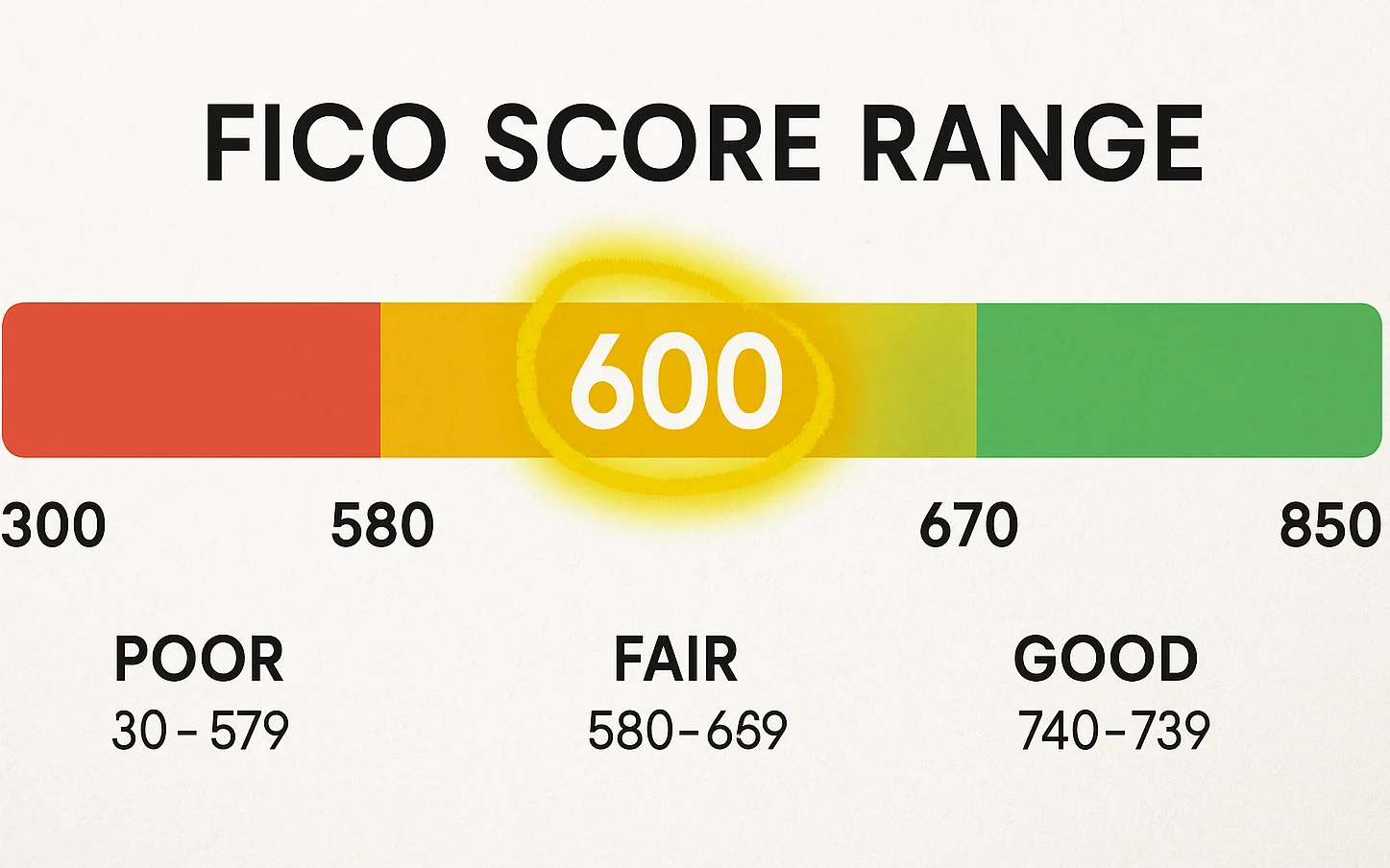 FICO credit score range highlighting 600 credit score for debt consolidation