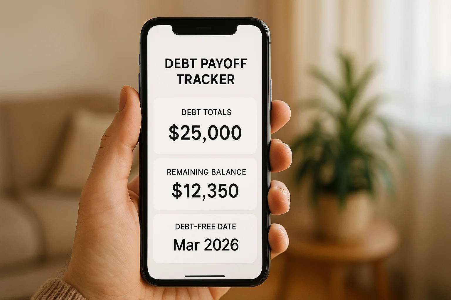 Phone screen showing a clean debt tracking dashboard