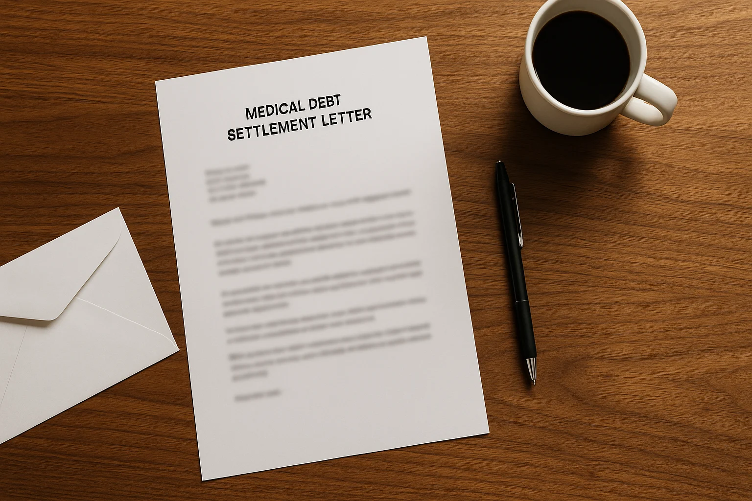 Sample medical debt settlement letter on a desk