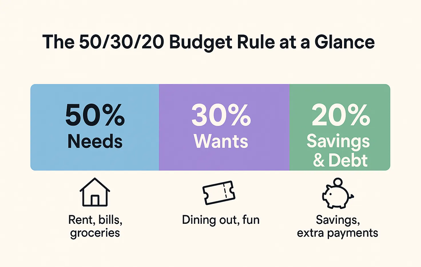 Infographic splitting income into 50% needs, 30% wants and 20% savings and debt, with icons under each colored block.