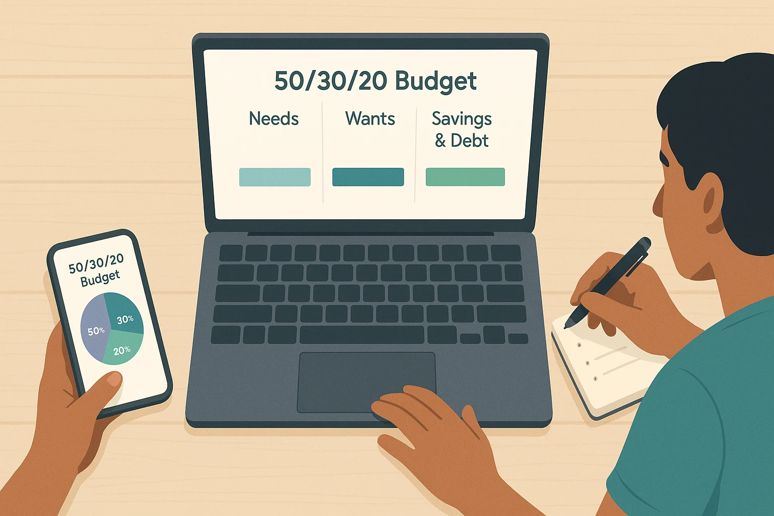 Person learning how to budget money at a laptop with a 50/30/20 chart on a phone and notes dividing income into needs, wants and savings.