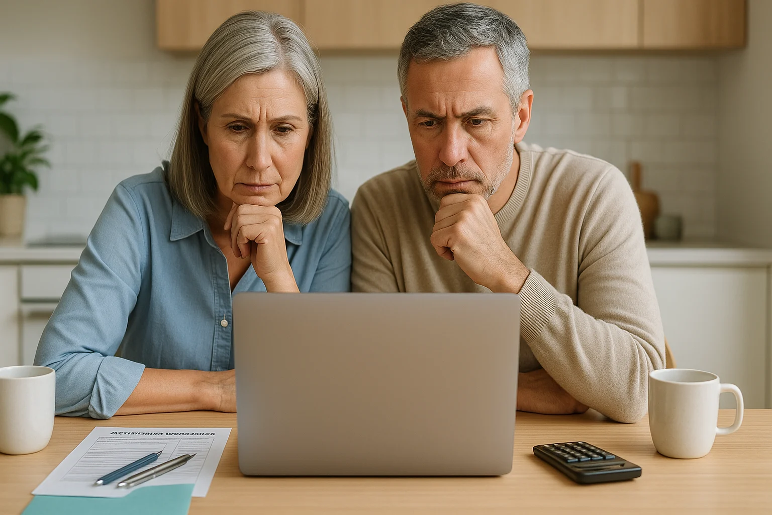Middle-aged couple at a kitchen table reviewing finances on a laptop with bills and a calculator—considering retirement and ready to ask a finance expert online.