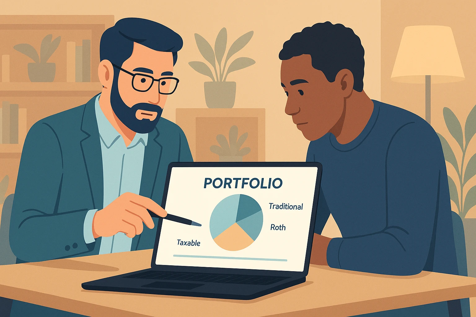 Clean three-column chart illustrating how different investments fit into taxable, tax-deferred and Roth accounts on a bright minimalist dashboard-style layout.