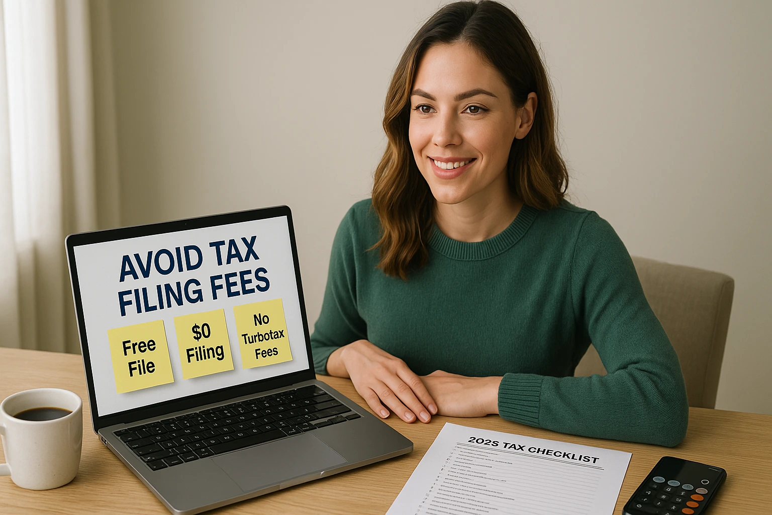 Smiling woman sitting at desk with laptop showing ‘Avoid Tax Filing Fees’ tips and 2025 tax checklist.