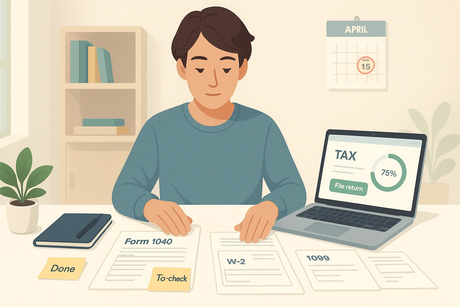 Young adult sorting Form 1040, W-2 and 1099 at a home desk while following a beginner's guide to filing taxes.