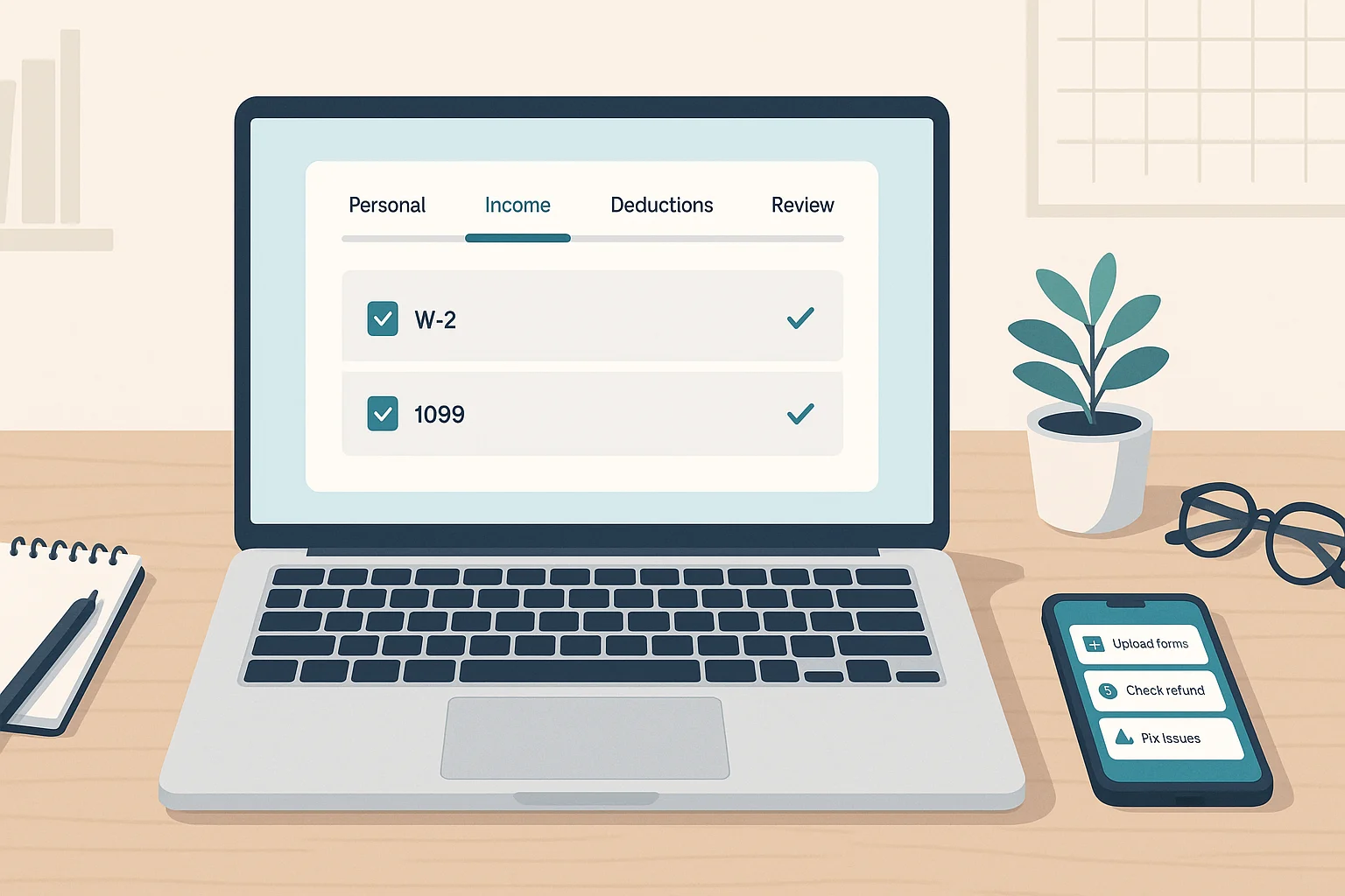 Open laptop showing the income step of tax software with W-2 and 1099 completed, smartphone beside it on a wooden desk.