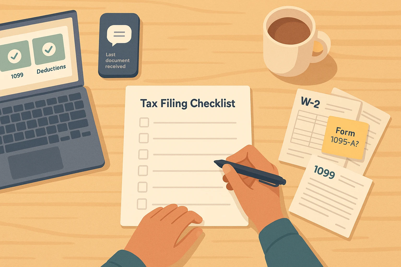 Person filling out a tax filing checklist at a wooden desk with laptop, coffee, W-2 and 1099 forms neatly spread around.