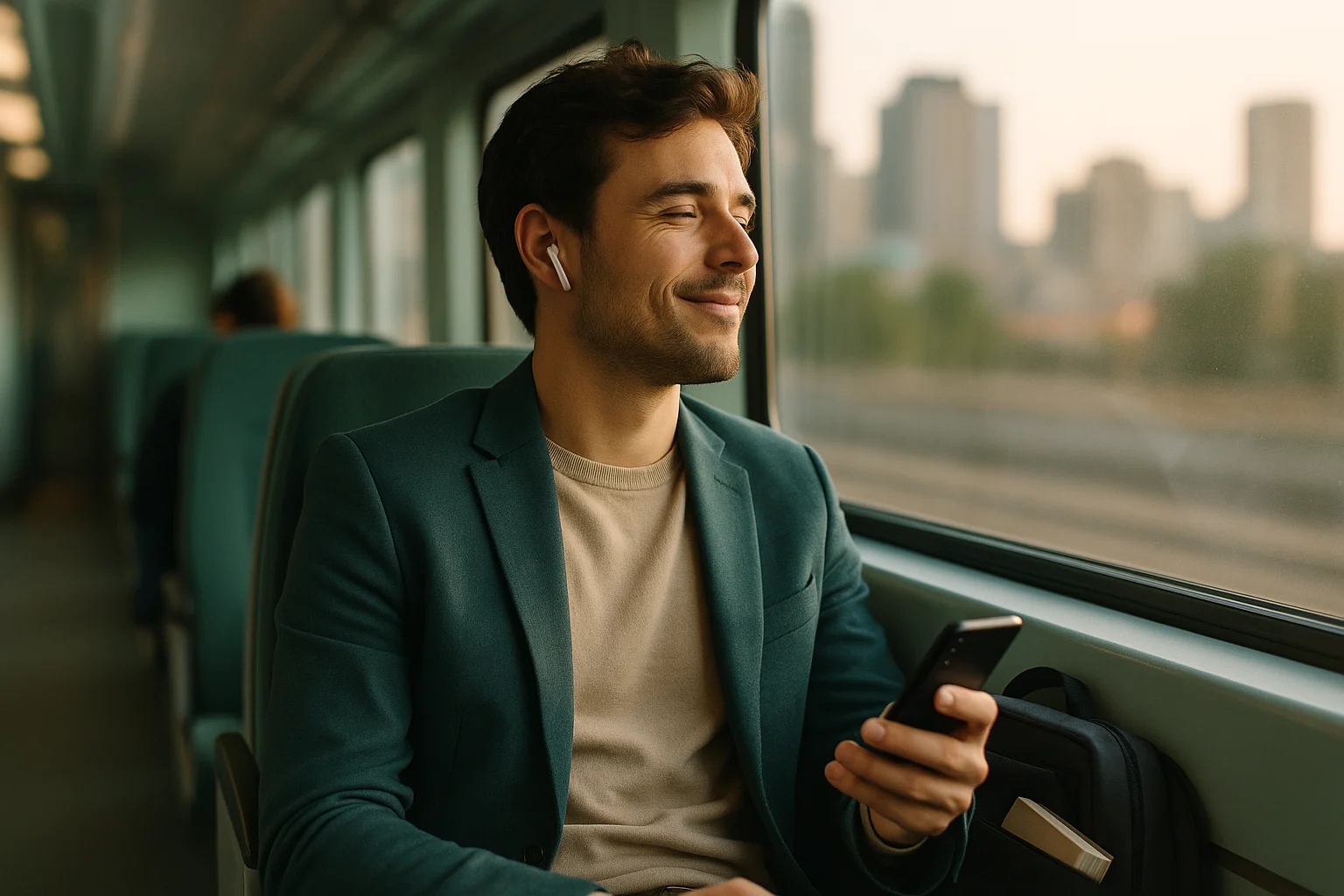 Man on a commuter train smiling with wireless earbuds and a phone, using travel time to listen to short book summaries.