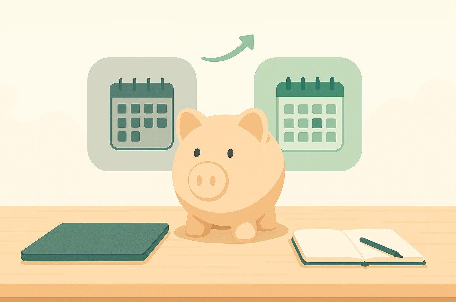 Illustration of a piggy bank between two calendar icons, highlighting savings from choosing an annual reading app plan.