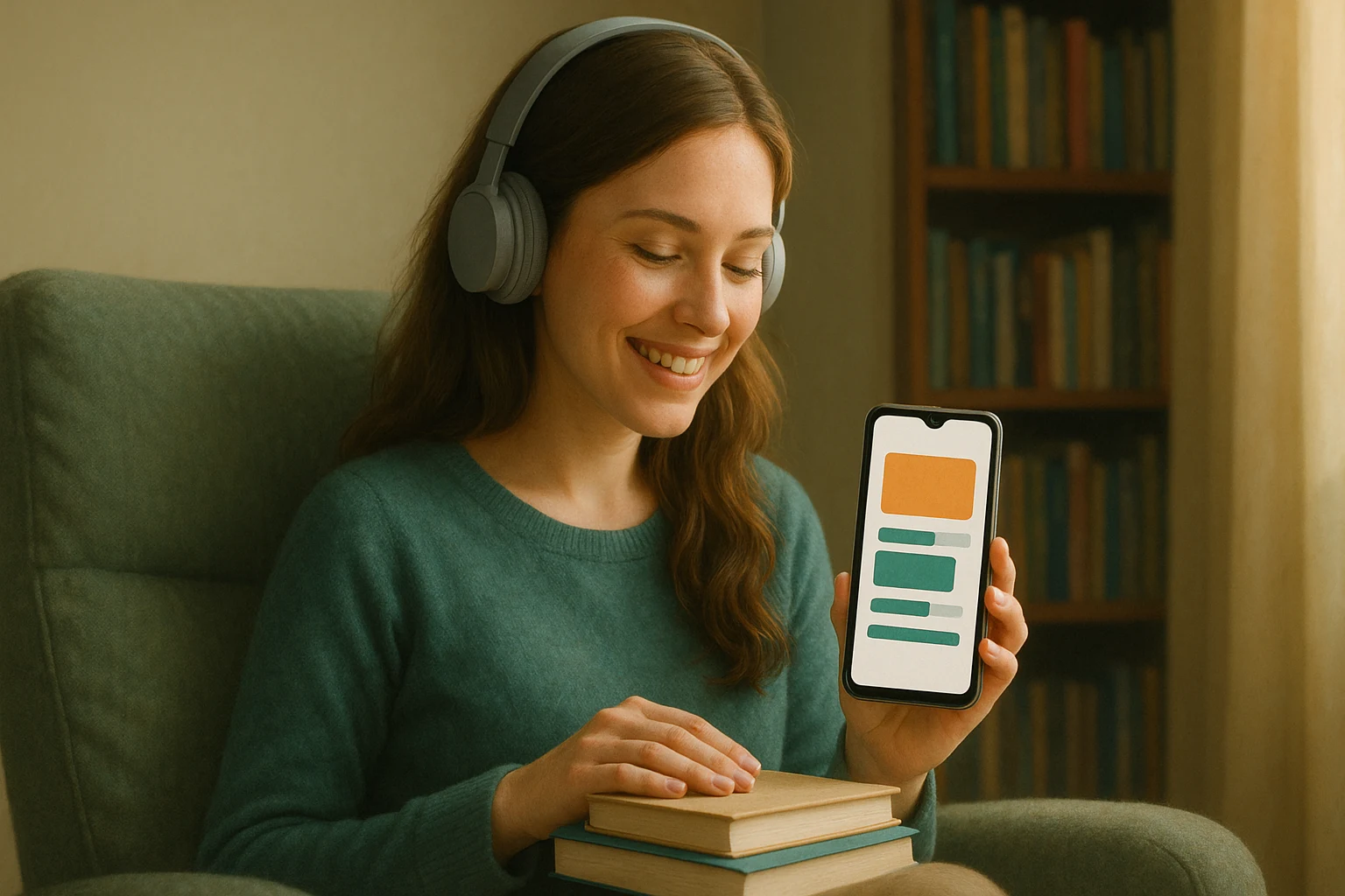 Smiling woman in headphones holding a phone with a book summary app and books, illustrating a Blinkist review.