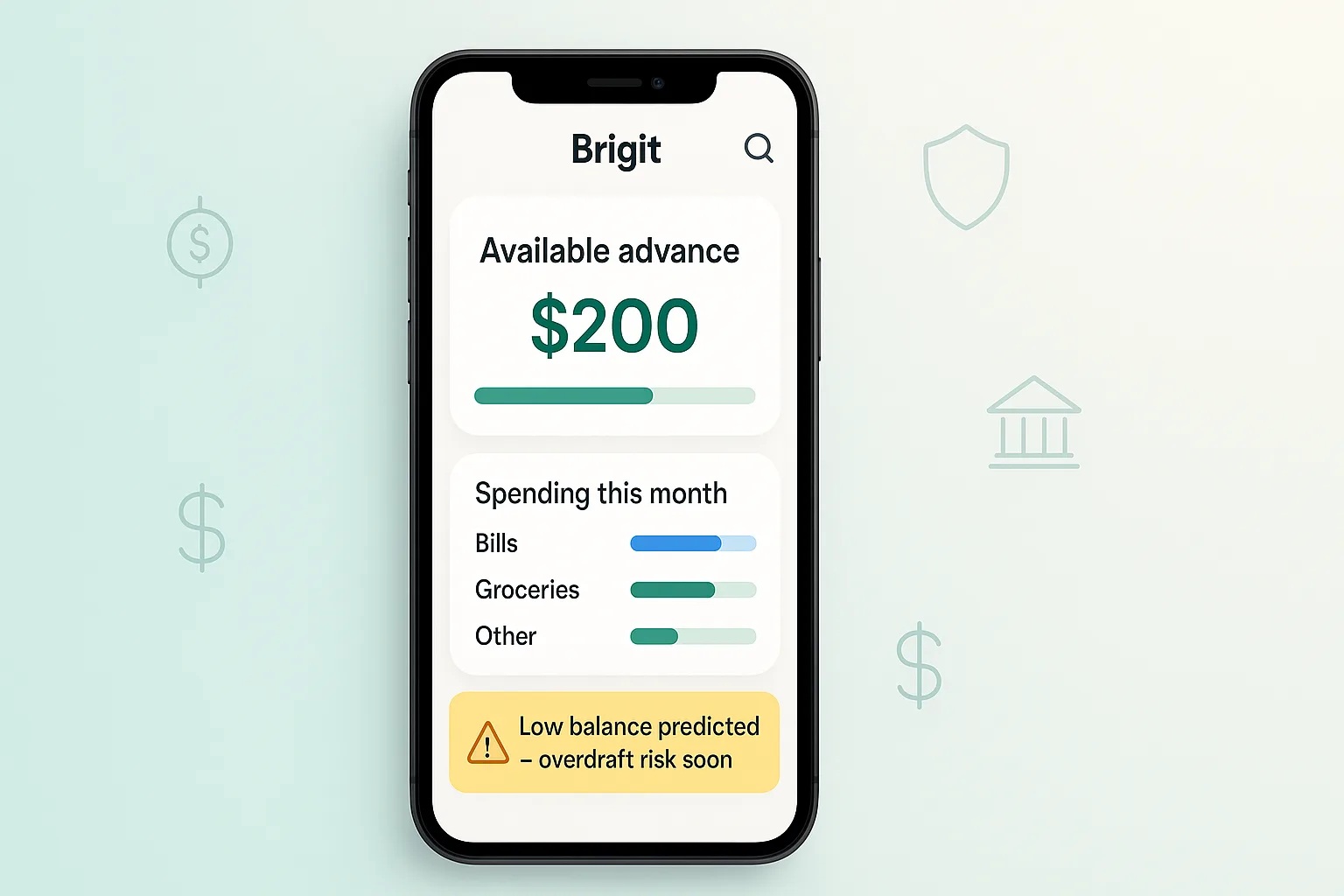 Brigit app screen with cash advance limit, spending bars, and alerts that warn when your checking balance is low