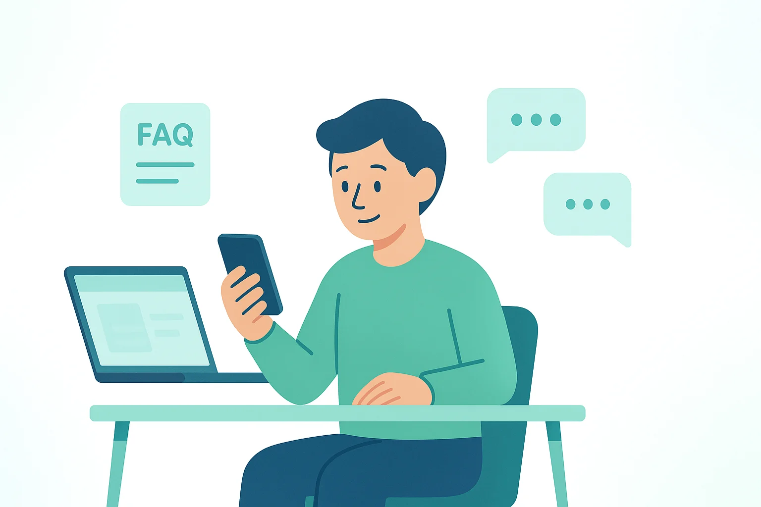 Brigit-style user at a desk checking reviews, FAQs, and chat bubbles on phone and laptop to understand customer support