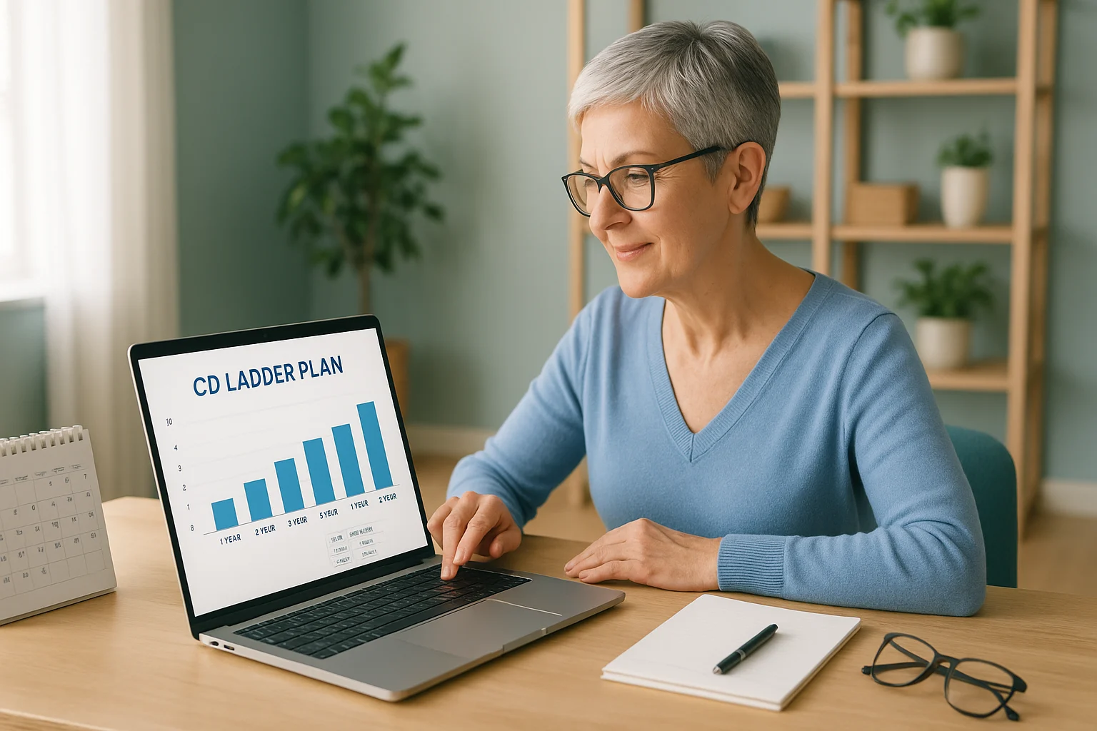 smiling gray haired woman at a wooden desk reviewing a cd ladder plan on her laptop in a calm home office, teal walls, notebook and glasses on the table, relaxed retirement planning mood