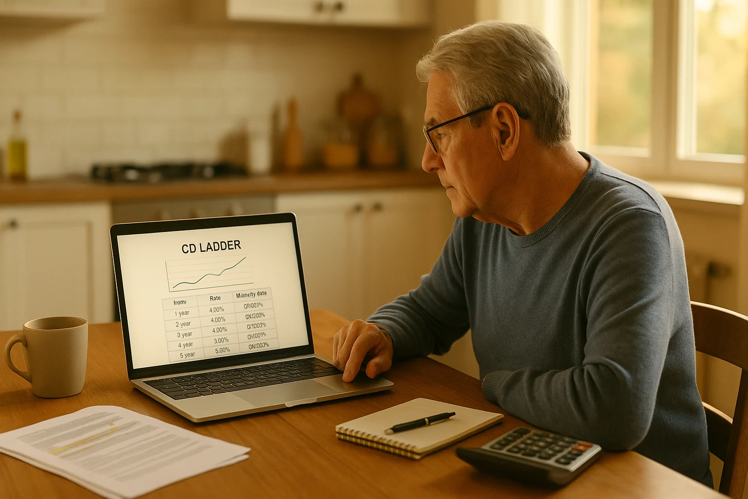 older man in a cozy kitchen looking at a cd ladder spreadsheet on a laptop with calculator coffee mug and notebook on the table warm golden light reflecting a thoughtful retirement income planning moment