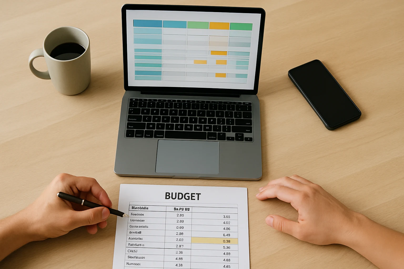 Hands reviewing a printed household budget beside a laptop spreadsheet on a wooden desk with a coffee mug nearby.