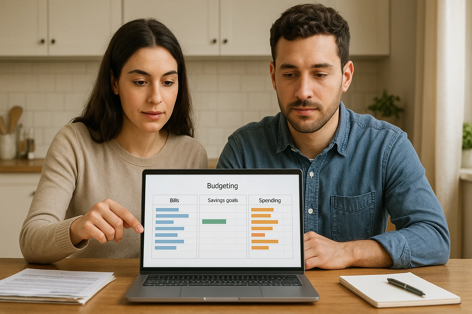 Couple reviewing a couples budgeting spreadsheet on a laptop, tracking bills, savings goals and spending together.