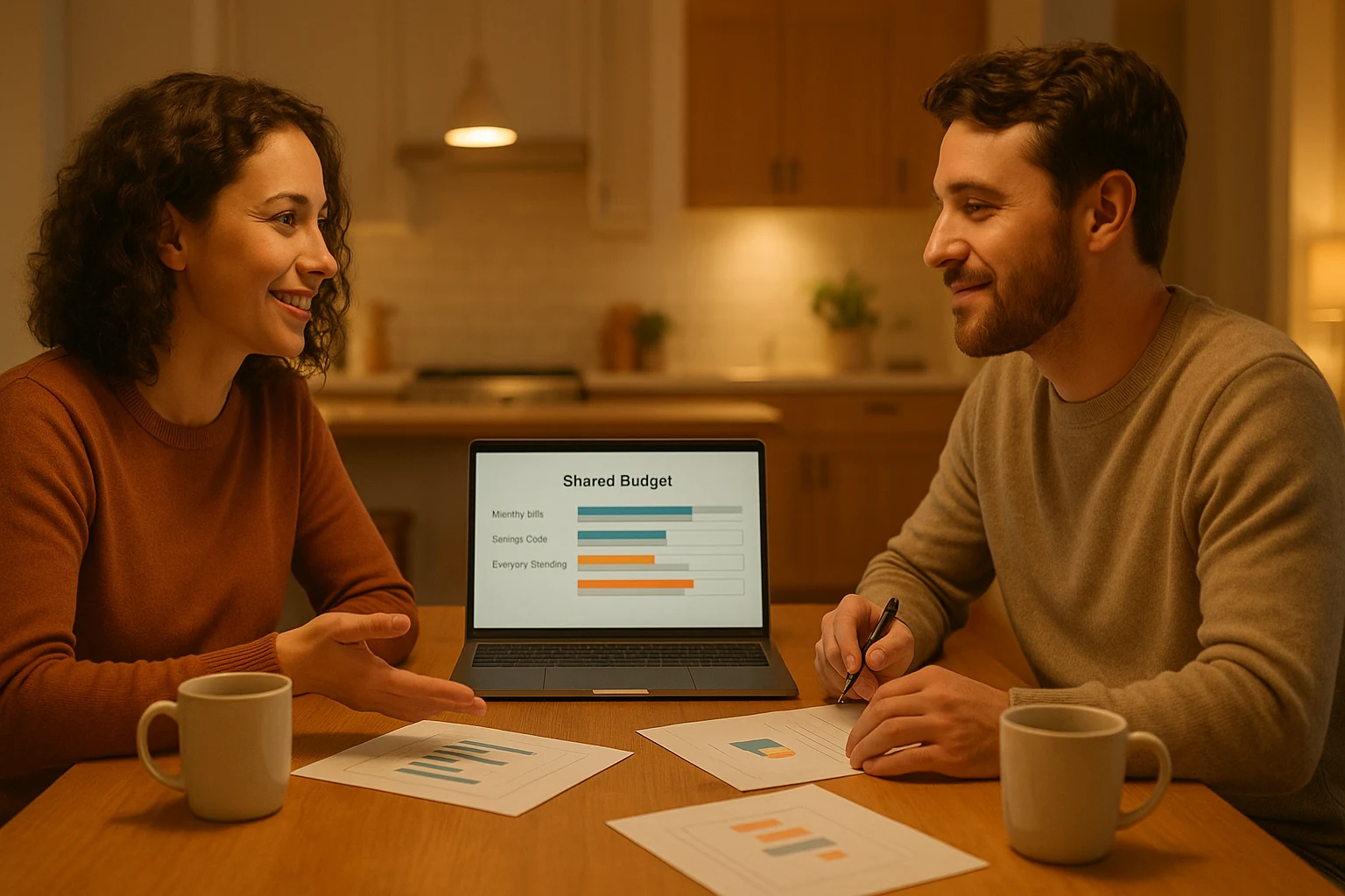 Smiling couple having a relaxed money date, reviewing printed charts and a shared budget spreadsheet on a laptop.