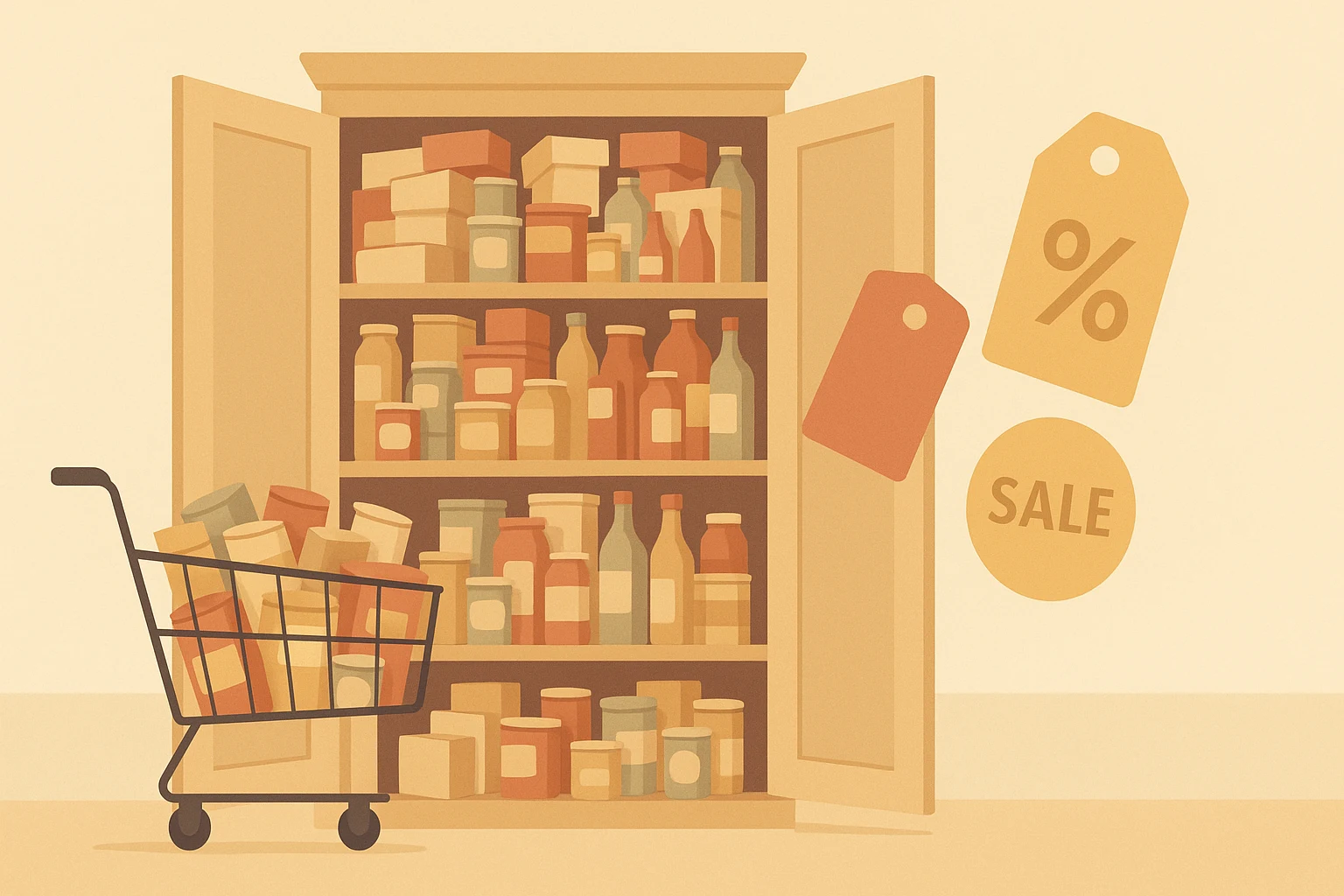Overfilled pantry shelves and a shopping cart packed with sale items, illustrating how buying every discount deal can quietly raise monthly spending instead of creating real savings.