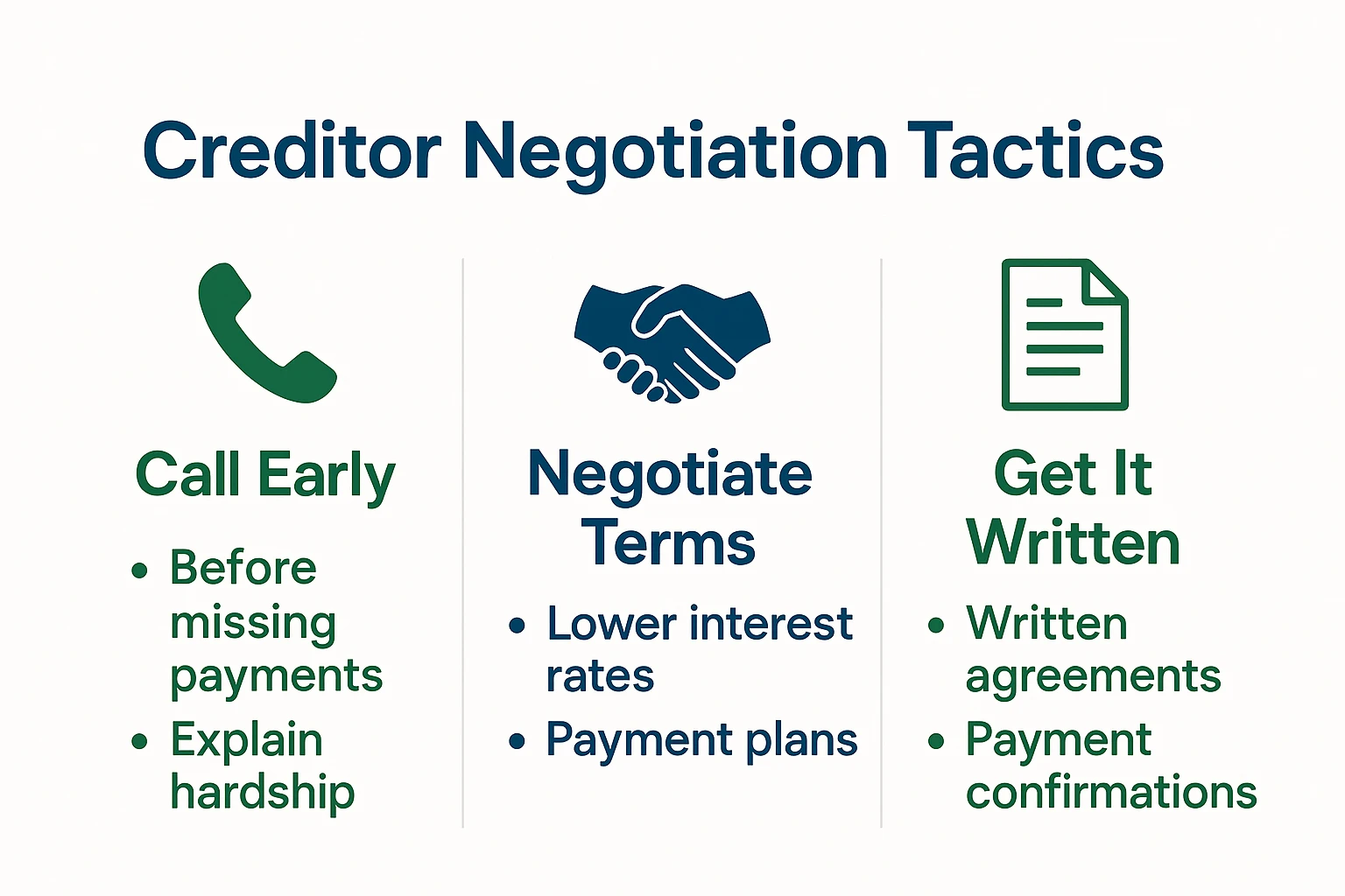 Three-column graphic with icons: phone ‘Call Early,’ handshake ‘Negotiate Terms,’ and document ‘Get It Written,’ each with short bullets.