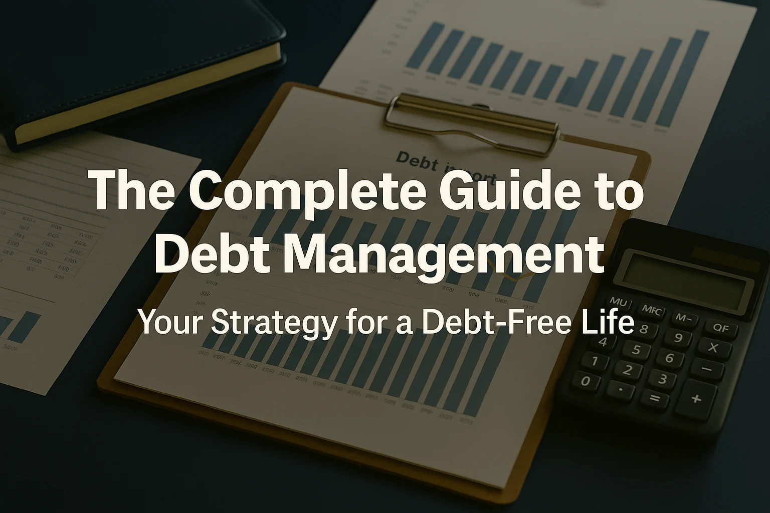 Desk with charts on a clipboard and a calculator; large overlay text reads ‘Debt Management Plan — Your Strategy for a Debt-Free Life,’ clearly showing the debt management plan headline.