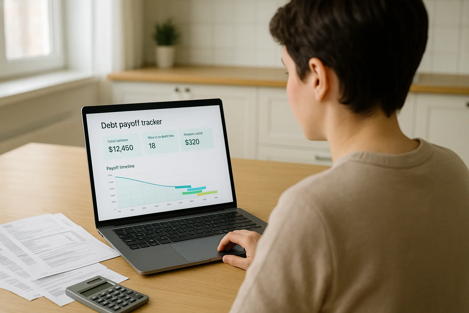 Person using a laptop with a debt payoff tracker app to review balances and a clear payoff timeline.