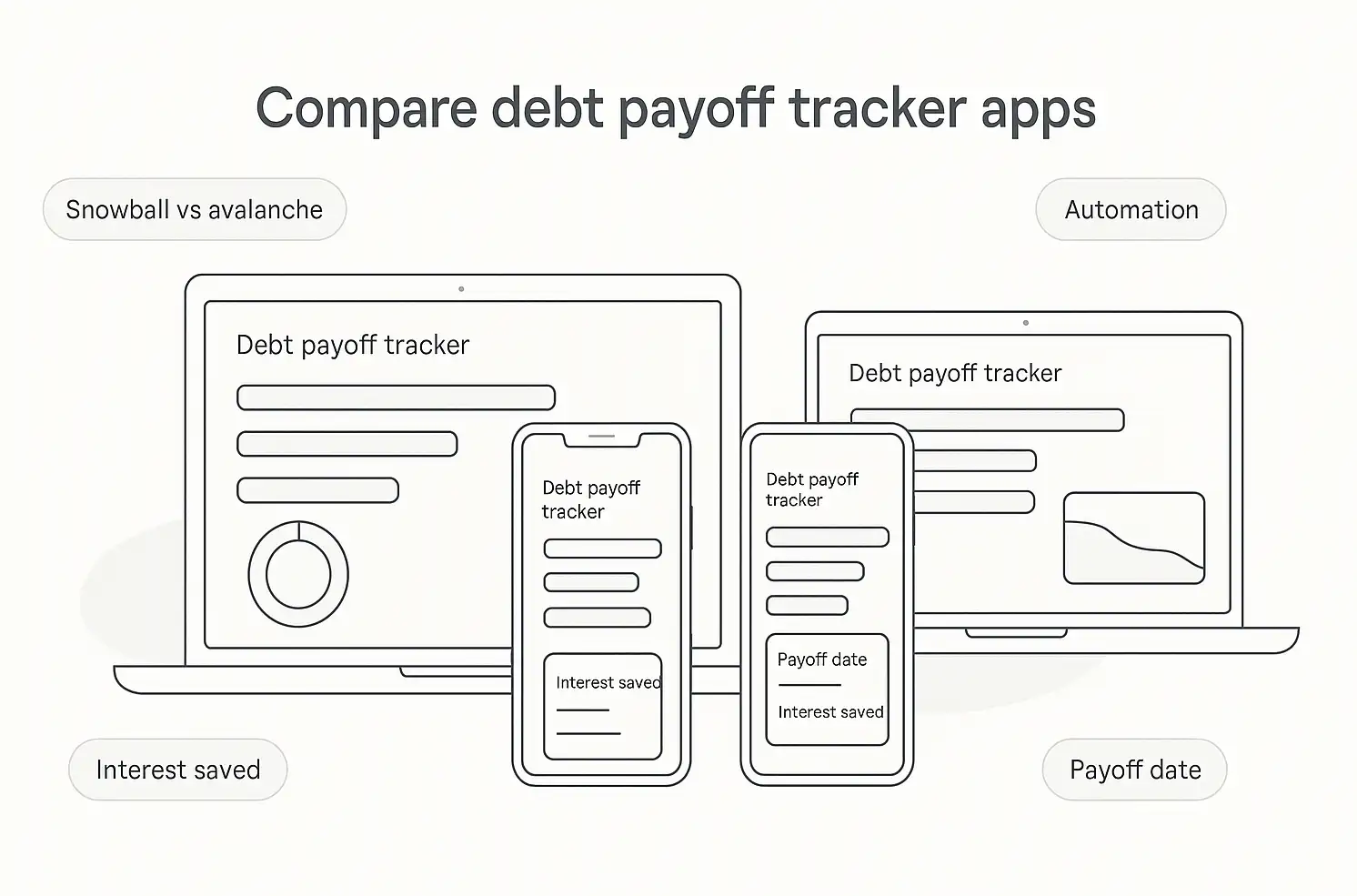 Simple outline comparison of debt tracking apps displayed across phones and laptops.