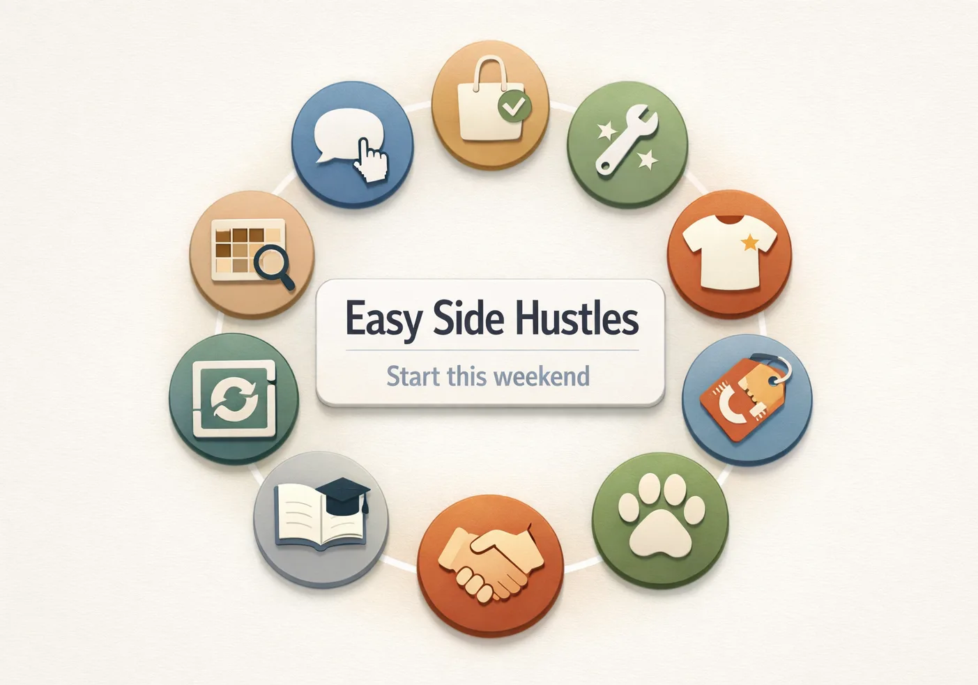 Soft 3D icons frame an easy side hustles title card, showing tutoring, pets, selling, and local gigs