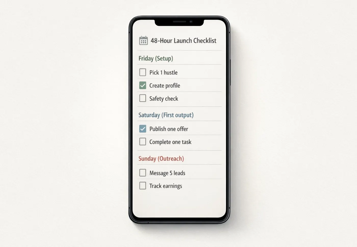 Smartphone shows a 48-hour launch checklist—Friday setup, Saturday output, Sunday outreach—clean minimal layout