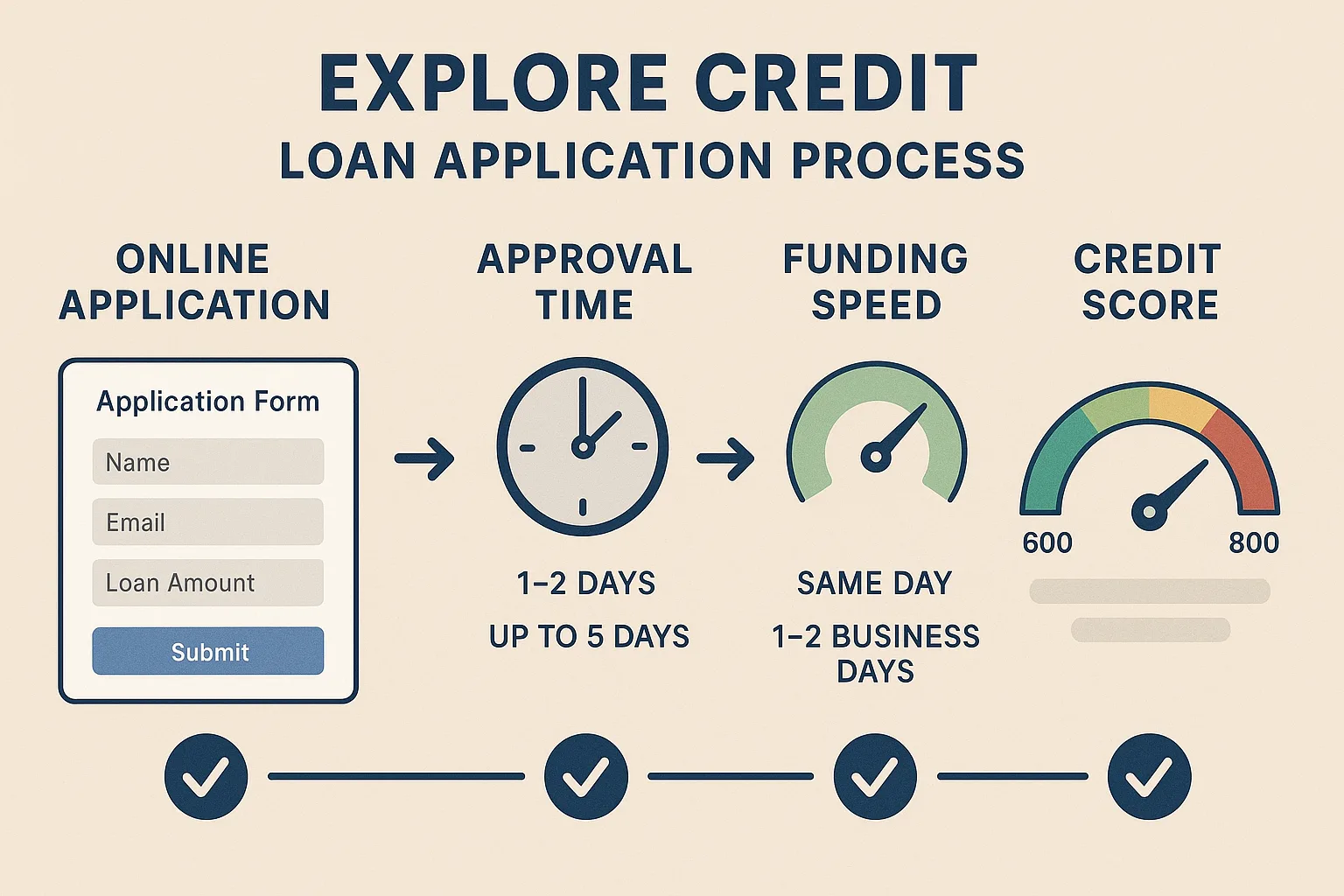 Explore Credit loan application process infographic showing an online application form, approval time in days, same-day or one to two day funding speed and a credit score gauge from 600 to 800