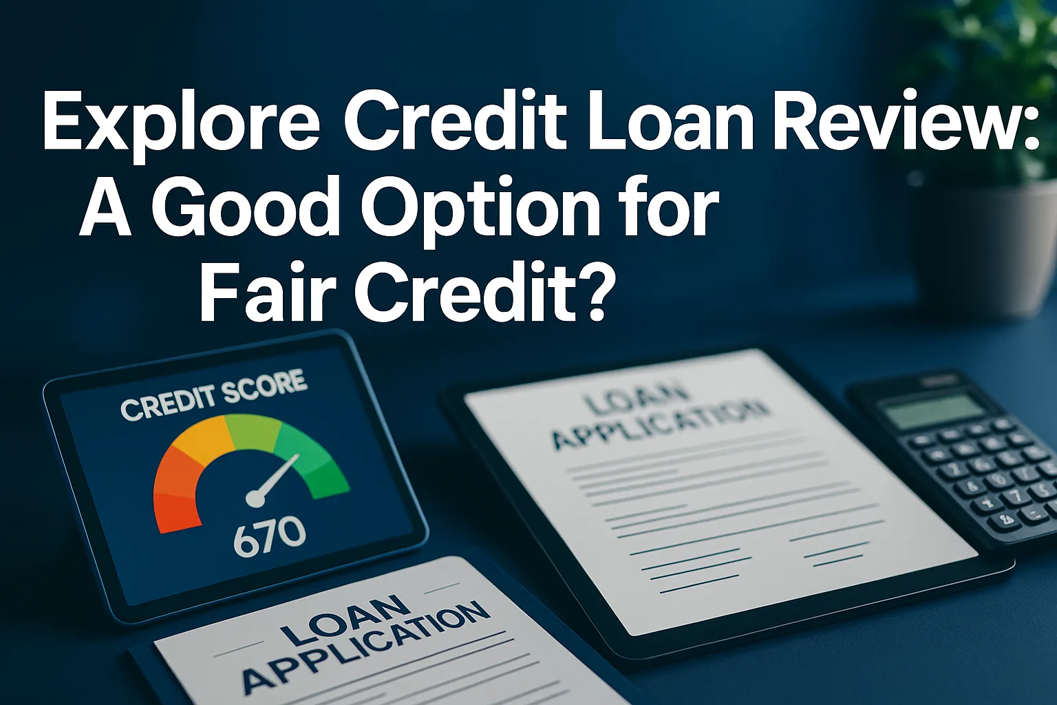 Explore Credit loan review hero showing a 670 credit score on a tablet beside loan application forms and a calculator on a desk