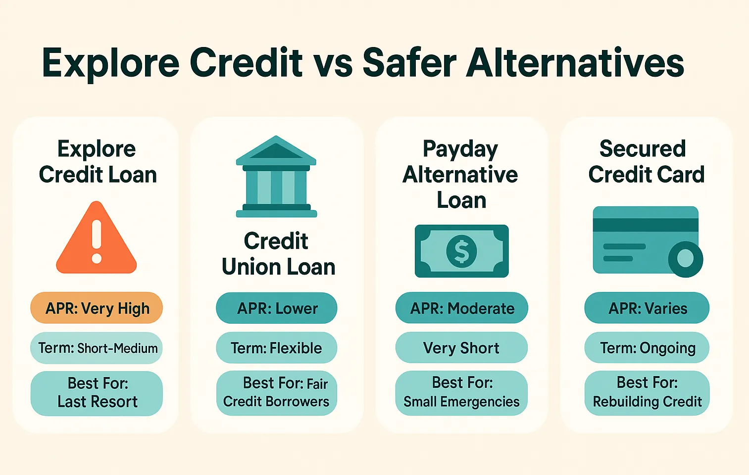 Infographic titled Explore Credit vs Safer Alternatives comparing Explore Credit loans, credit union loans, payday alternative loans and secured credit cards by APR, term length and best use cases