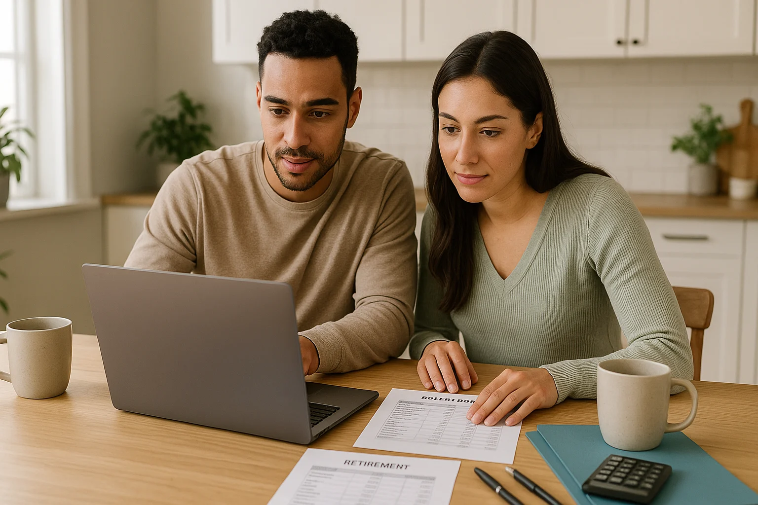 Financial independence early planning: Couple reviewing their retirement budget at home on a laptop with printed plans, calculator, and coffee on the table.