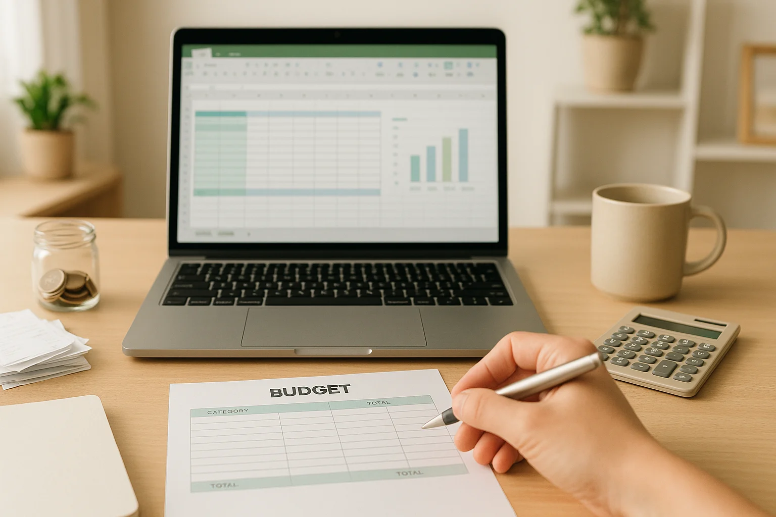 Person filling in a printed budget sheet at a tidy desk with a laptop spreadsheet, calculator and coffee nearby.