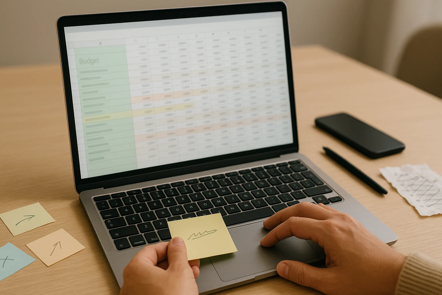 Hands holding a sticky note in front of an Excel budget sheet, adjusting categories to keep the monthly budget on track.