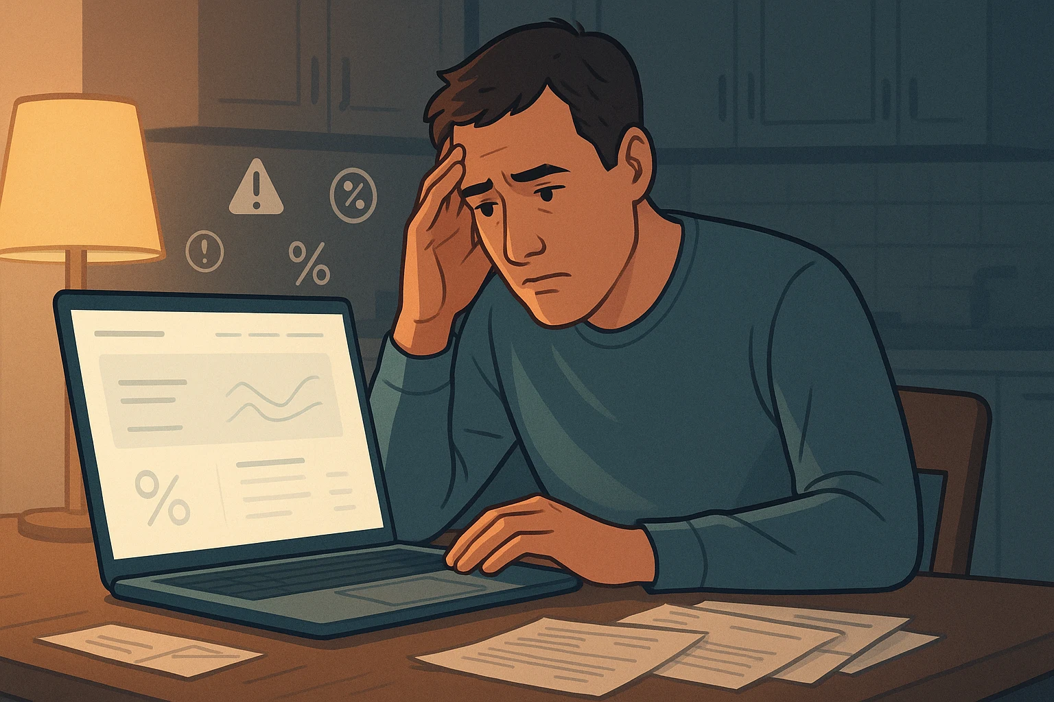 HonestLoans.net review illustration of a worried borrower at a kitchen table at night reviewing online loan terms on a laptop with warning and interest icons