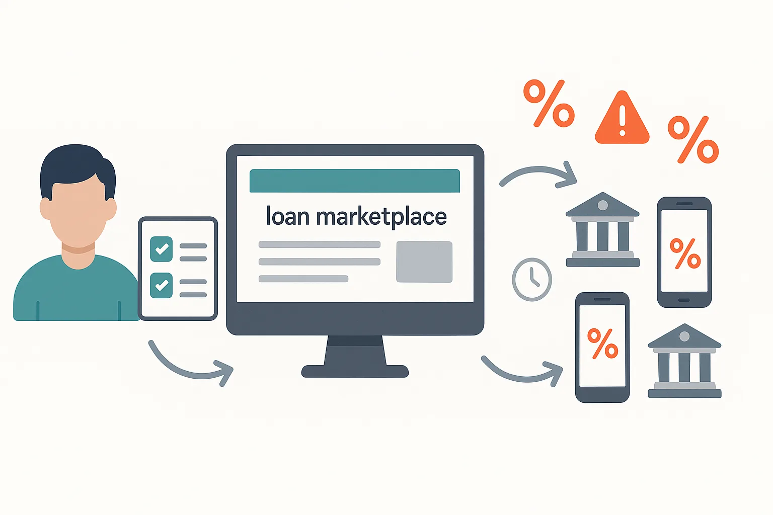 Simplified flow chart showing a borrower submitting one online loan form that is routed to multiple third party lenders who respond with high interest offers at different speeds