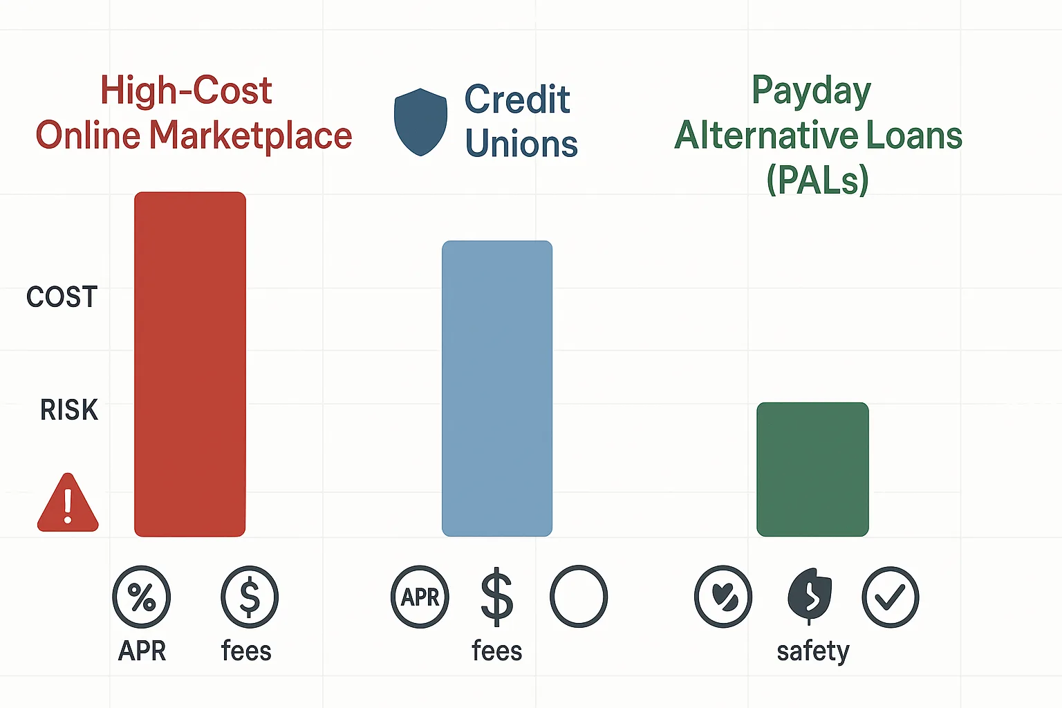 Illustrated comparison chart of a high-cost online loan marketplace, credit unions, and Payday Alternative Loans (PALs) showing higher cost and risk for marketplaces and lower cost and risk for credit unions and PALs