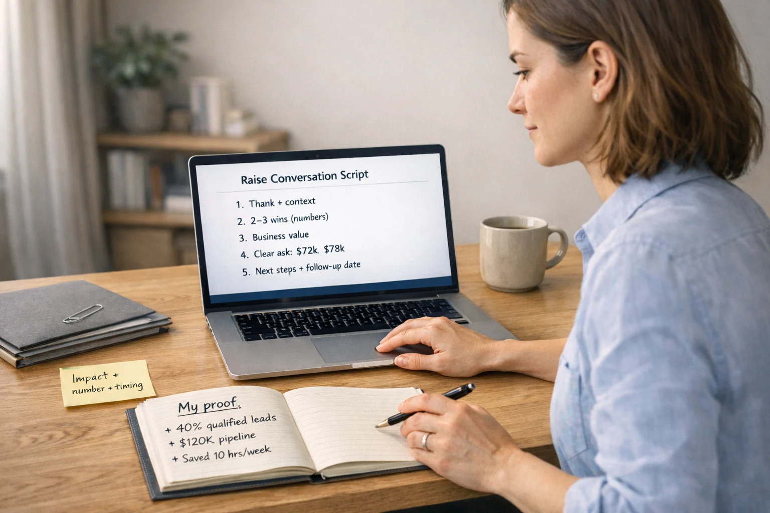 Woman reviewing a how to ask for a raise script on a laptop, proof notes in notebook, warm home office light