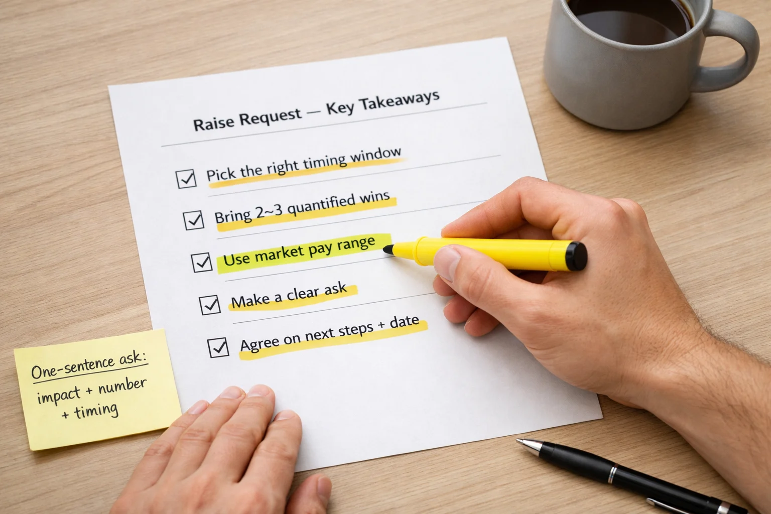 Hand highlighting raise request key takeaways checklist with yellow marker, coffee mug and one-sentence ask note