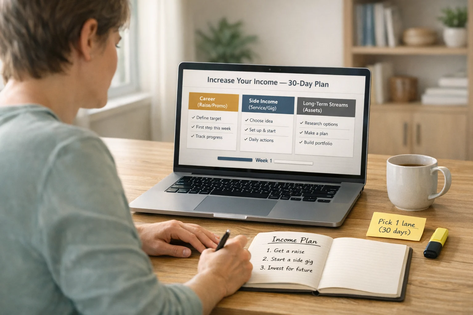 Person mapping a 30-day plan to increase your income on a laptop at a tidy desk, warm daylight, calm focus