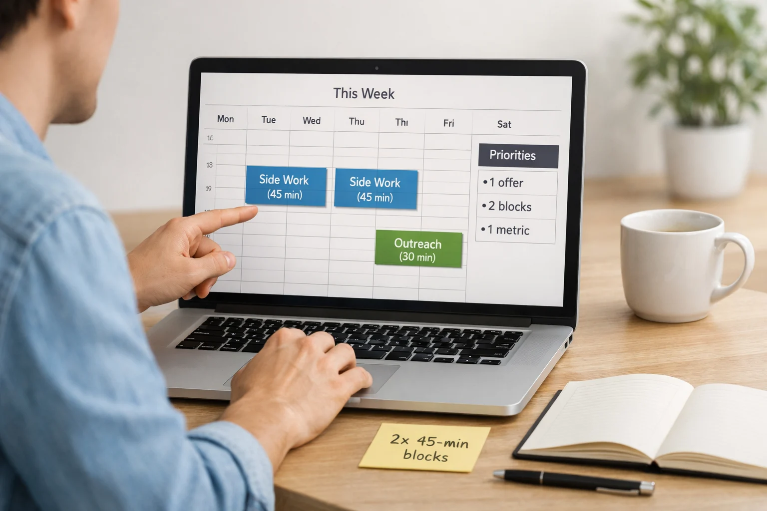 Worker time-blocking two side-work sessions in a weekly calendar app, bright desk, clear priorities, focused morning