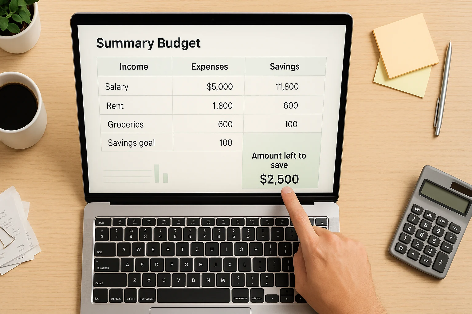 Finger pointing at the “amount left to save” cell on a laptop budget screen next to a calculator and coffee cup.