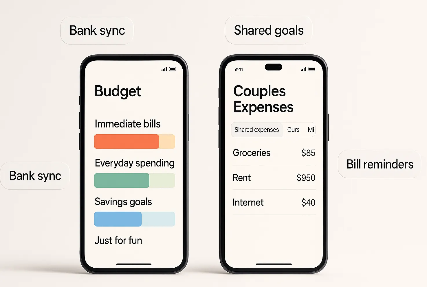 Two smartphones showing a budget app and a couples expenses app with bank sync, shared goals, and bill reminders.