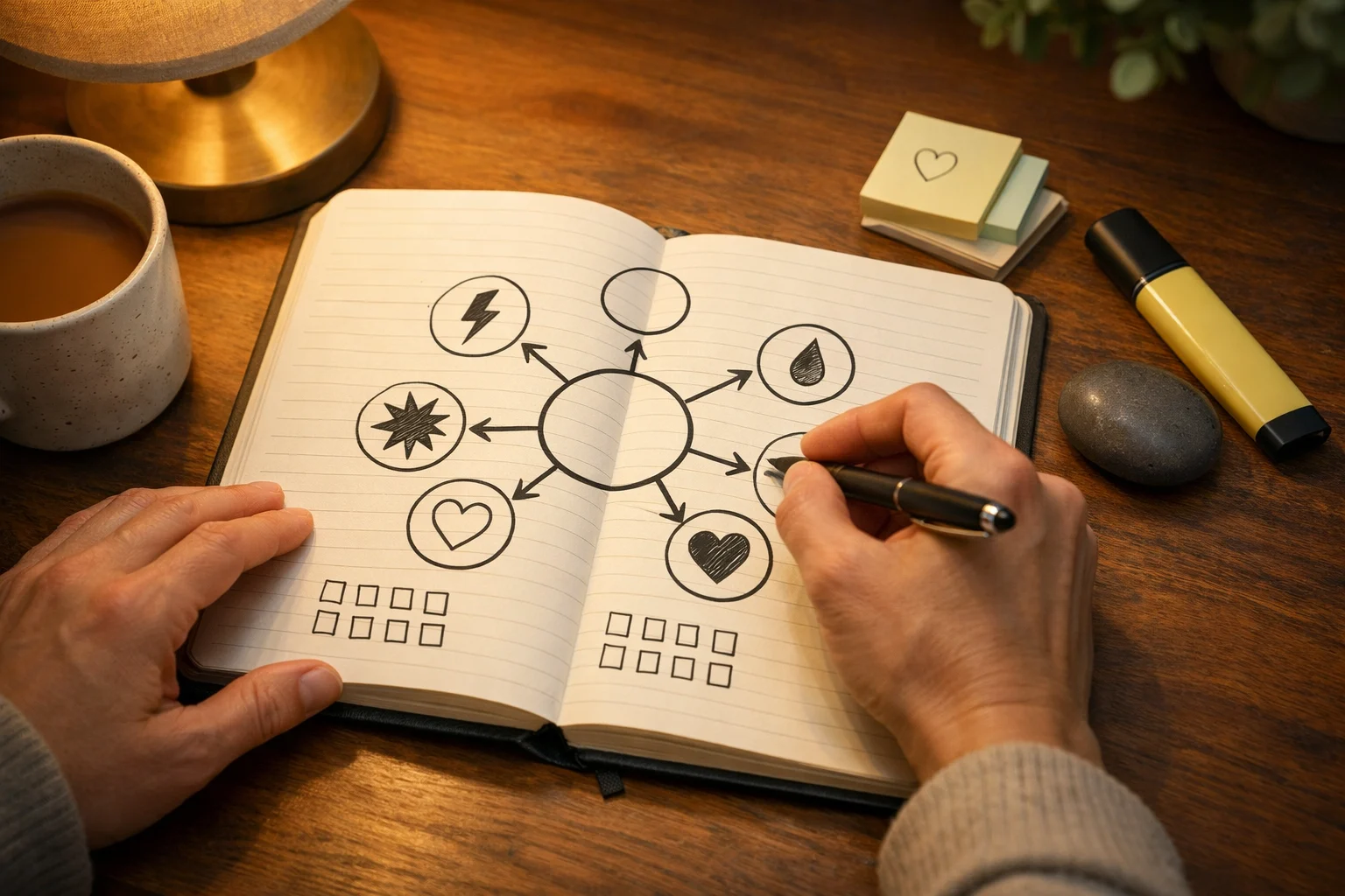 Person journaling a spending-trigger map with stress and boredom notes, cozy desk lamp, calm evening tone