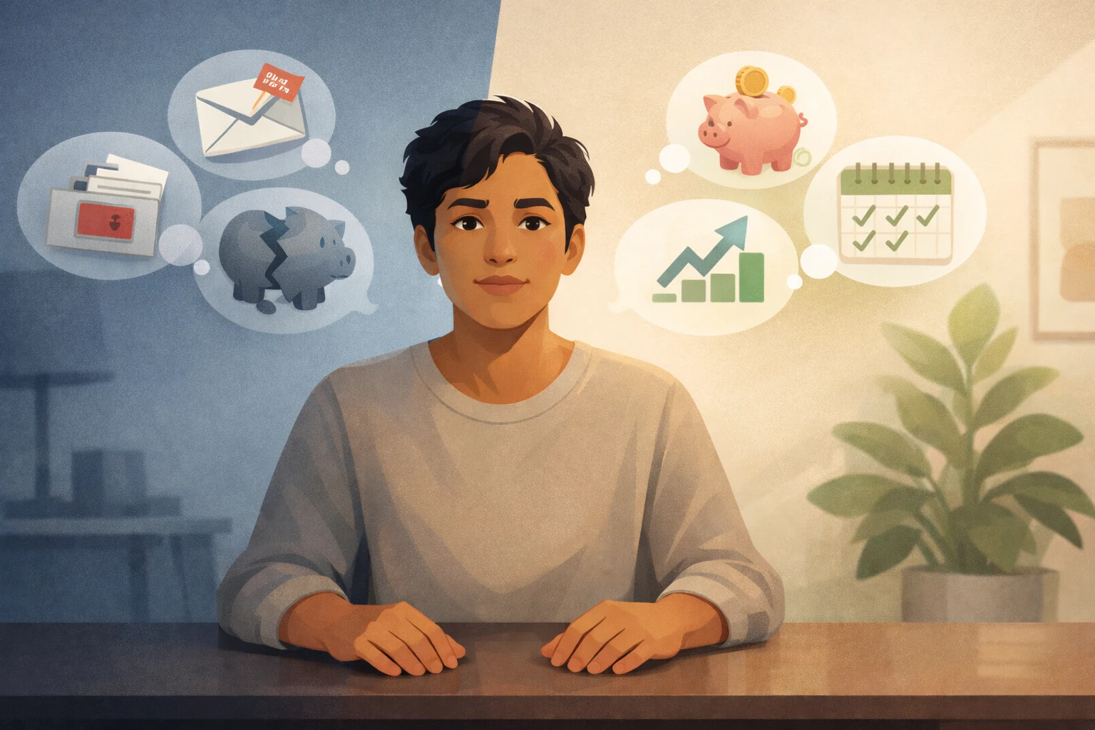 Cartoon person balancing bills and goals, money mindset shifting from panic to calm clarity, warm colors
