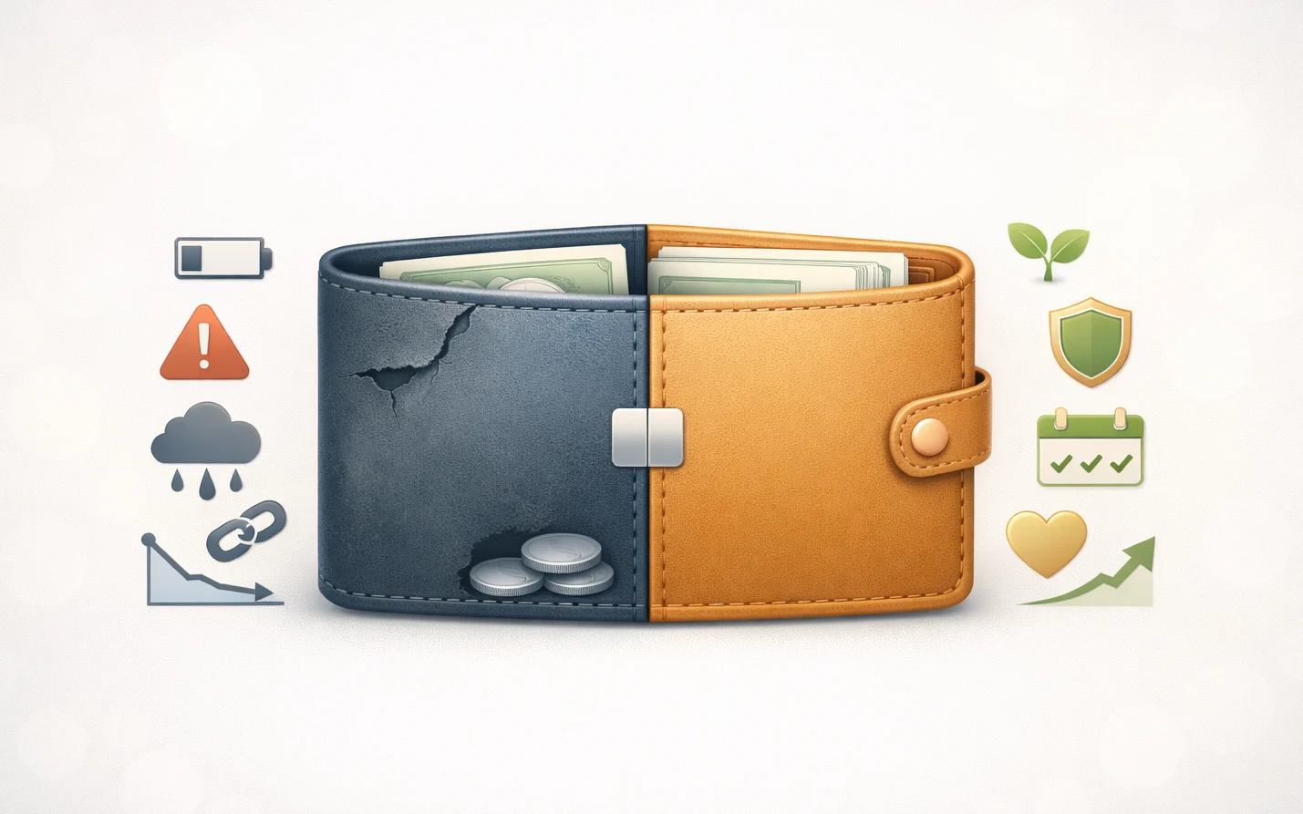 Split-screen wallet with scarcity thoughts vs abundance thoughts, simple icons, warm palette, hopeful mood