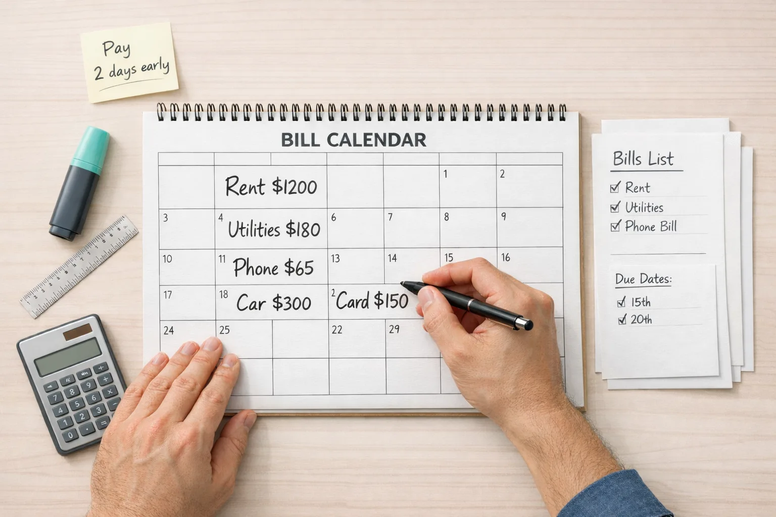 Hands filling a bill calendar with due dates and amounts on a clean desk, bright daylight, organized feel